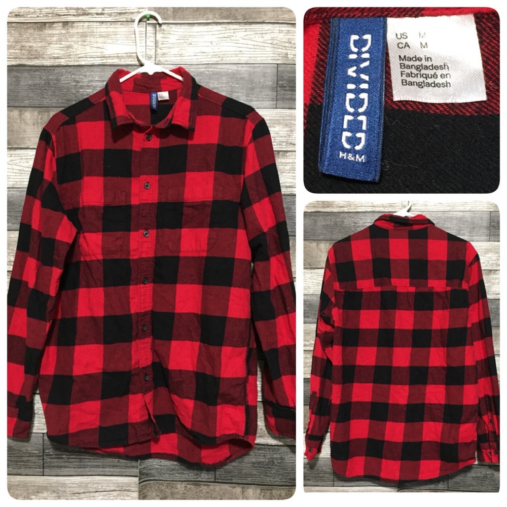 H&M Divided Flannel Shirt Men’s M Red Black Buffalo Plaid Cotton